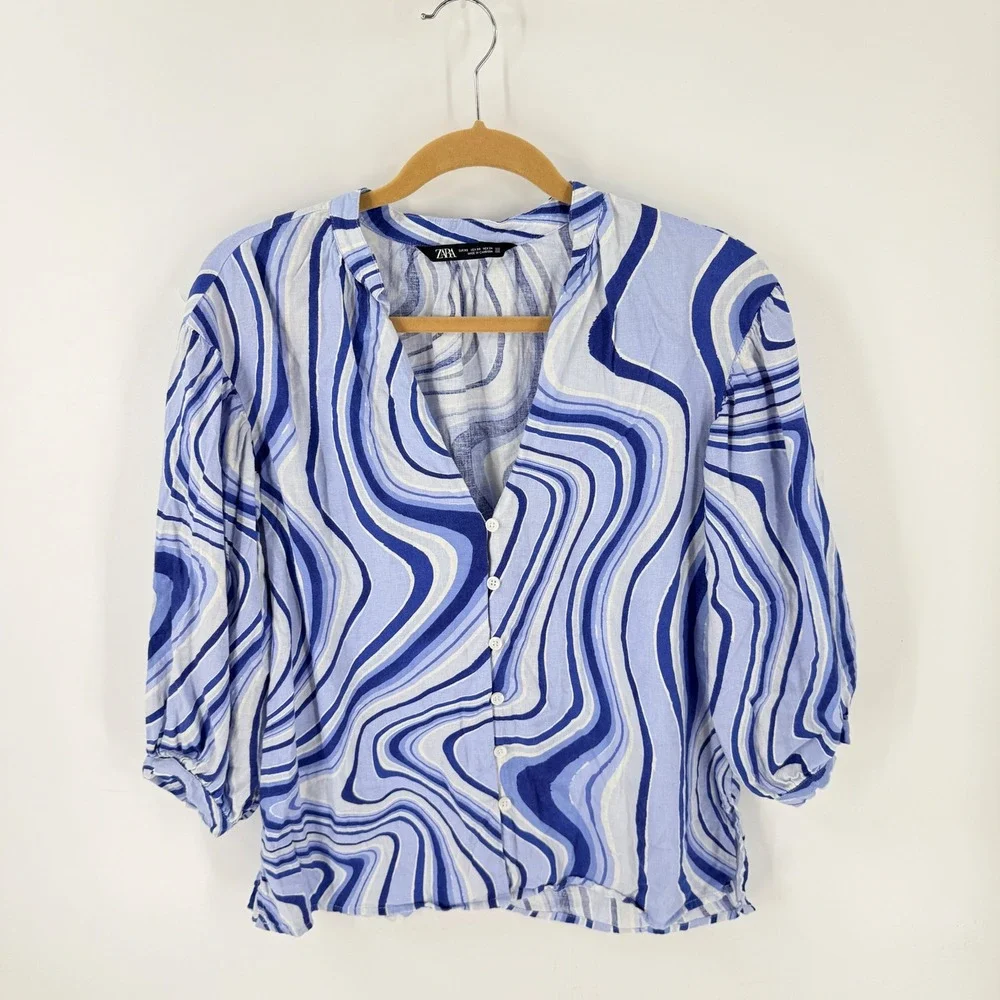 Zara Blue Swirl Print XS Linen Blend V-Neck Puff Sleeve Top Artsy Coastal